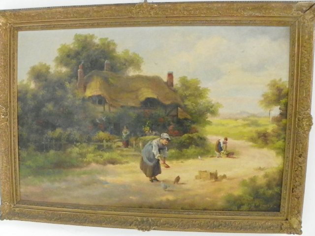 Framed oil on canvas "Feeding Time" signed: Signed Henry T. Harvey, American artist b. 1908. Gilt framed. 28" x 37.75."