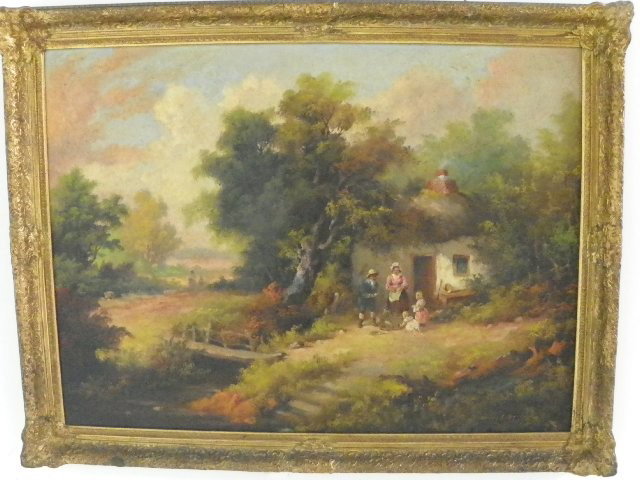 Oil on canvas "Family by Country Cottage": Signed Henry T. Harvey, American artist, born 1908. 27" x 37.75 ."