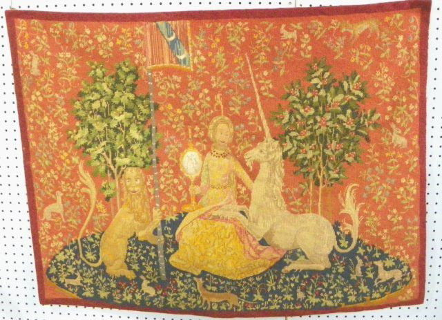 Antique figural needlepoint: From a Park Ave. estate. Approx. 43" W x 32.5" H.