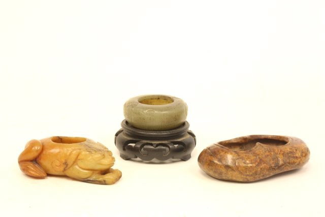 3 stone water pots: 2 with etched "Bats & Mythological Animal". Approx. 2.5" - 4".