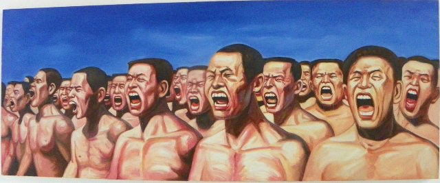 Contemporary oil painting after Yue Minjun: On canvas. Approx. 25" x 63" unframed.