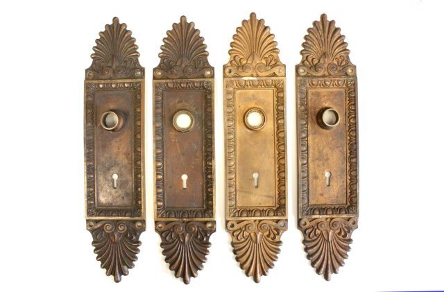 Set of 4 antique dore bronze door applique: Signed "Y & T". Approx. 13.5" H x 3" W.