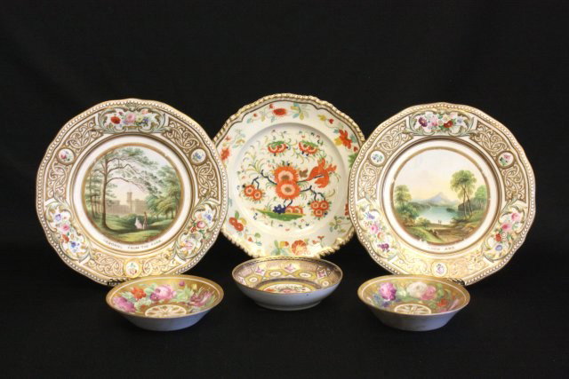 Group lot of 18th/19th c. English porcelain: English & Continental. Including: Royal Worcester & pair unusual English scenic plates. 1- "Lochard". 1- "Osborne from the Park". Approx. 9" Diam.