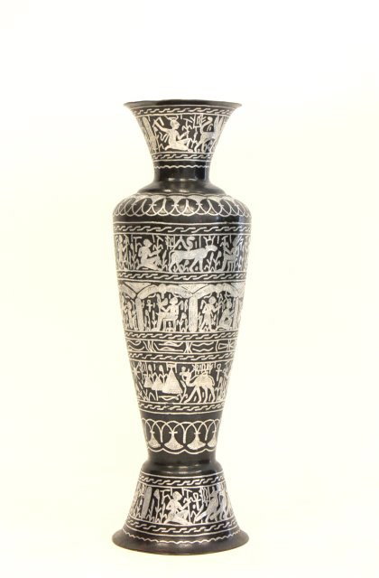 Silver overlay vase with Egyptian motif: Approx. 16.5" H.