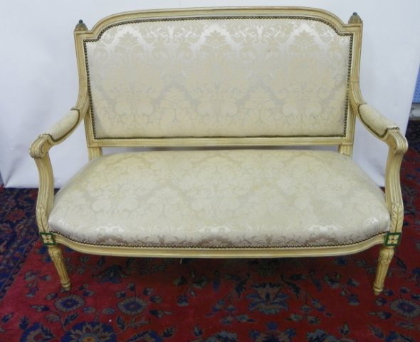 Louis XVI style open arm settee ca. 1920-30's: Off white cream upholstery. Approx. 39" H (chair back) x 51" across.