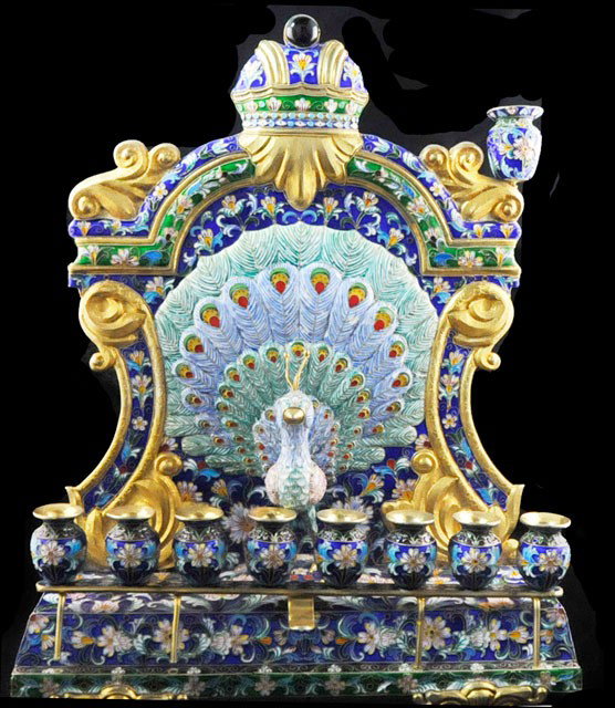 Enameled Hanukah Menorah stamped 925: Gilt vermeil. Hanukiah. Approx. 11.75" x 8.5".
