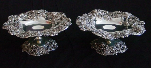 Pair sterling silver compotes: Made by Black Starr & Frost , with "Floral" pattern. Approx. 10.5" Diam x 4.75" H, 62 ozt.