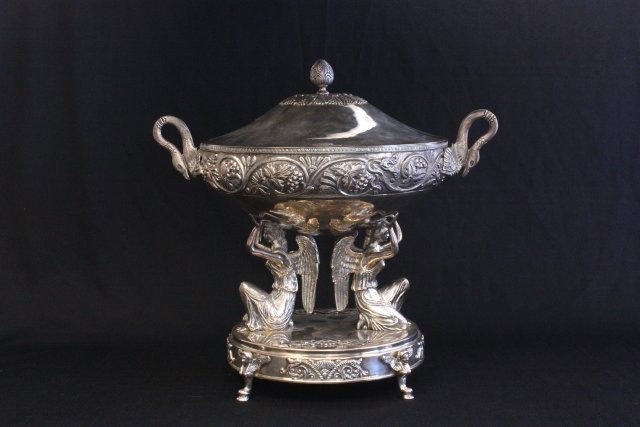 Sterling silver figural covered centerpiece: Regency style. Approx. 178.5 oz., 16" H x 17.5" W.