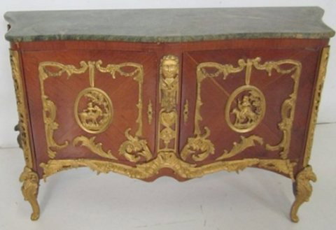 Marble top bronze mounted French style server: 2 door. Reproduction. Approx. 58.5" across x 35" H.