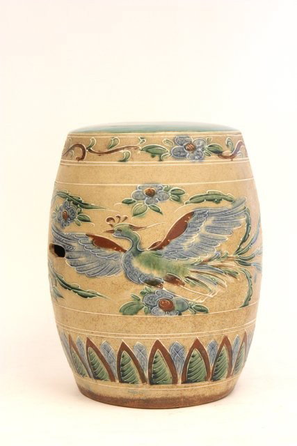 Chinese pottery garden seat: Paint decorated with "Birds". Approx. 17" H x 14" D.