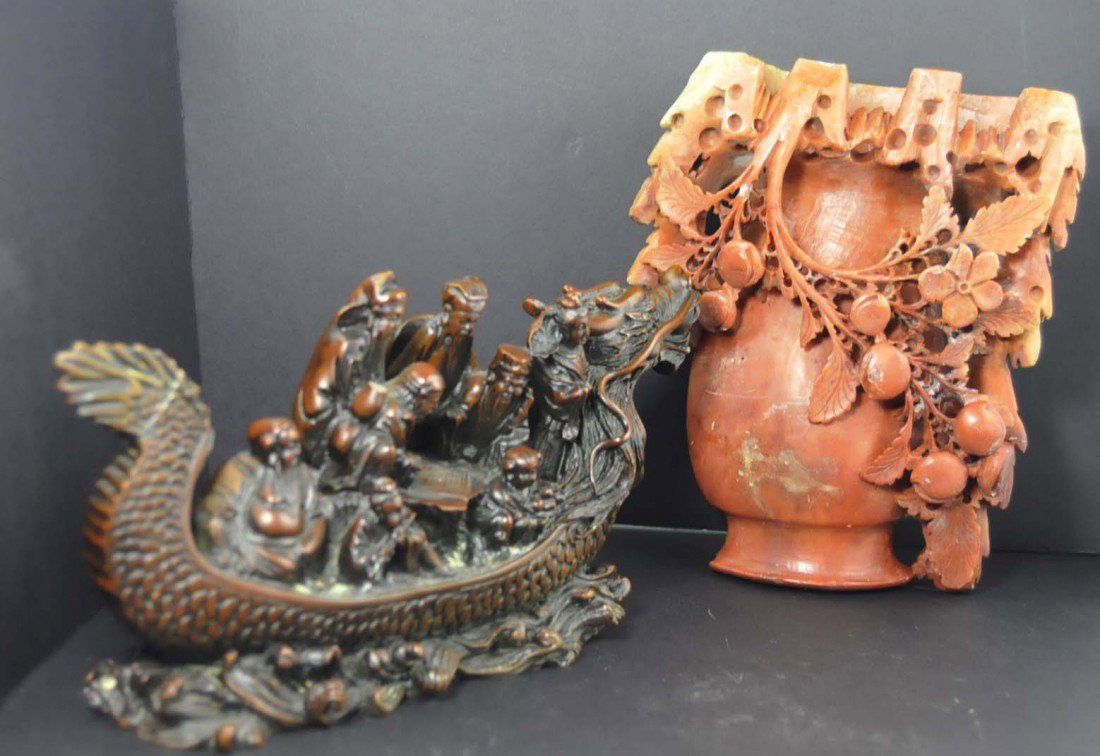 Group lot of assorted smalls: 2- Soapstones, red color, some losses, approx. 8" H & 10" H. 1- "Dragon Boat with Figures". Approx. 5" x 9.75"