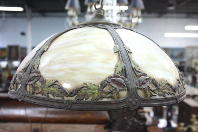 Slag glass light fixture with "Floral" metal fram: Ca. 1920's.