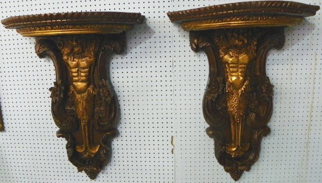 Pair wood decorated wall brackets: Approx. 36" H x 27" W x 13.5" D.