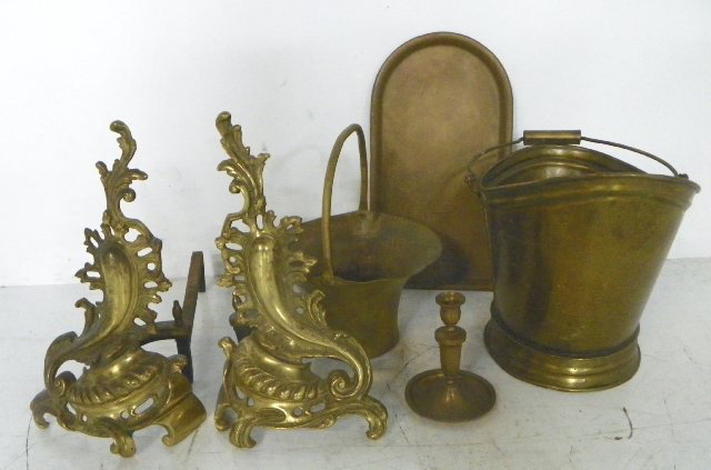 Lot of 6 items: Including: Pair andirons, brass candlestick, 2 brass buckets & brass tray. Various sizes.
