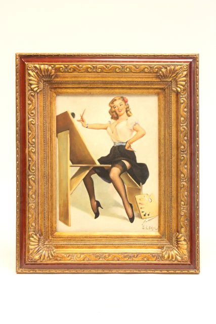 Oil painting "Pin Up Girl" signed J.R. Edgar: On board. Board approx. 12" x 16", framed 18" x 22".