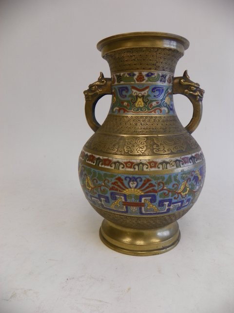 Japanese Champleve vase with elephant handles: Very nice enamel details and excellent condition. Approx. 16" high,