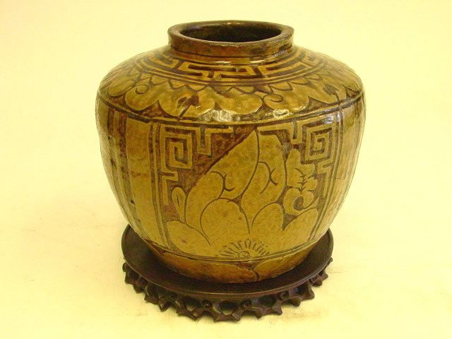 Chinese ancient style pottery vase: With rosewood stand. Approx. 9" x 10". From a Norwood, NJ estate.