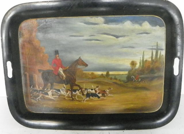 19th c. tole tray "Fox Hunt" decoration: Approx. 30.5" W x 22" D.