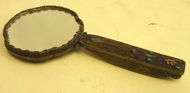 Jade, silver & enameled hand mirror / ruyi: Some loss to enamelling. Approx. 7" across.