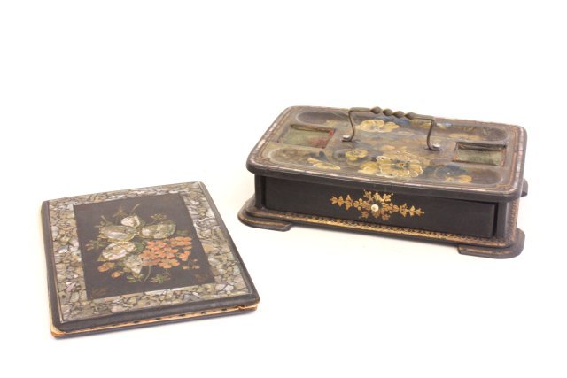 2 pieces antique papier mache: Inkwell case, approx. 2.25" H x 6.5" D x 9.5" L. Book cover, approx. 9" x 5.75". Please read our terms of sale.