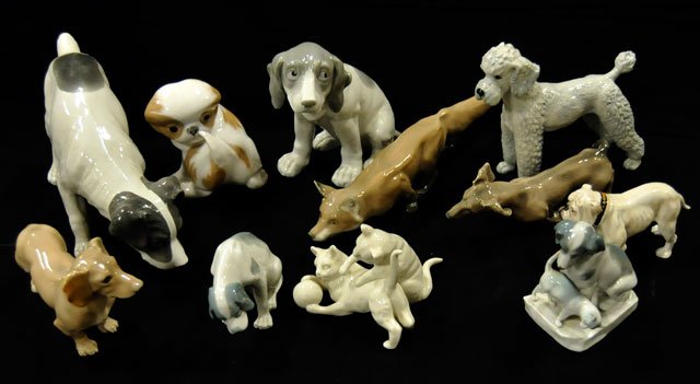 11 porcelain figurines: 9- Dogs. 1- Fox. 1- Royal Doulton. Copenhagen, Royal Doulton, B&G. From a Fort Lee, NJ estate. Please read our terms of sale.