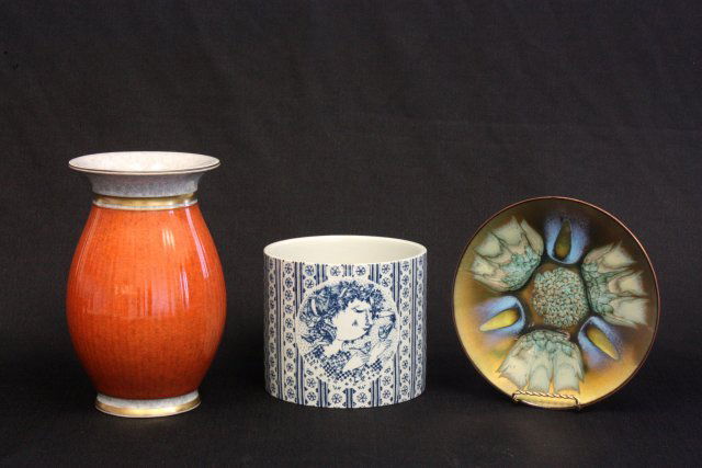 Group lot of mid century assorted smalls: Including: 1- Royal Copenhagen vase, approx. 8.75" H. 1- Winblad vase, approx. 5" x 6". 1- San Francisco enamel dish, Edward Star, approx. 7.25". From a Fort Lee, NJ estate. Please read our terms of s