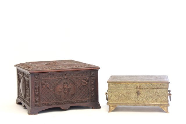 2 lidded boxes: Including: 1- Carved wood, approx. 15" x 13" x 8" H. 1- Copper clad box, approx. 12" x 9" x 6.5". Please read our terms of sale.
