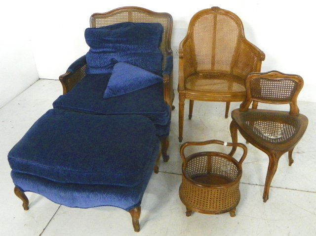Group lot of assorted furniture: Including: Magazine holder, 2 cane chairs, Country French chair & ottoman. As is. From a Fort Lee, NJ estate. Please read our terms of sale.