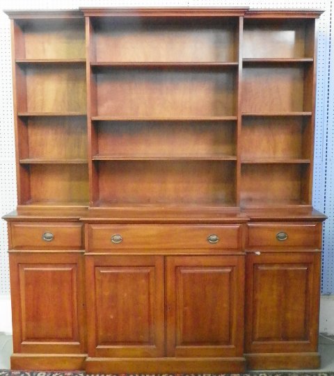 Cherrywood breakfront possibly LJ&G Stickley: 3 drawers, 4 doors. Approx. 73" x 18" x 84.5" H. From a Fort Lee, NJ estate. Please read our terms of sale.