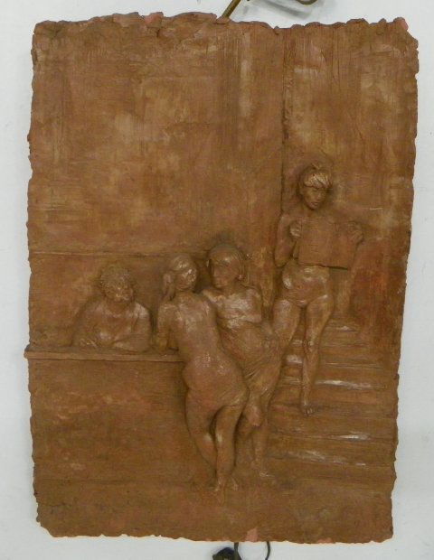 Bruno Lucchesi sculpture "3 Women at Bar": Approx. 27.5" x 19.5". From a Fort Lee, NJ estate. Please read our terms of sale.