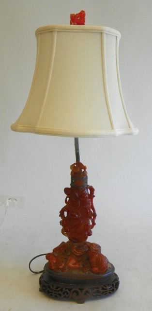Chinese carved carnelian lamp "Fruit & Animal": Approx. 24" H x 7" W. Please read our terms of sale.