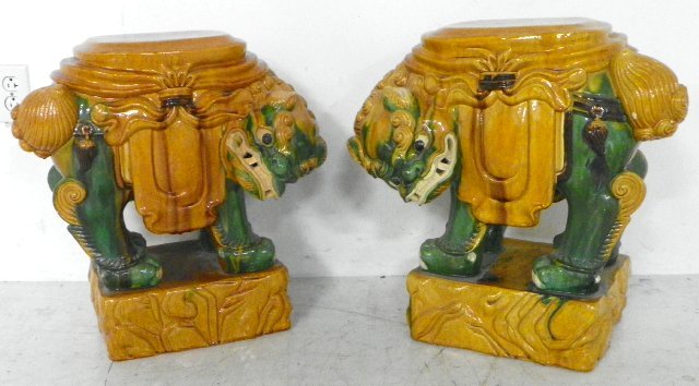 Pair garden seats: "Lions/Foo Dogs". Approx. 21.5" H x 21". Please read our terms of sale.