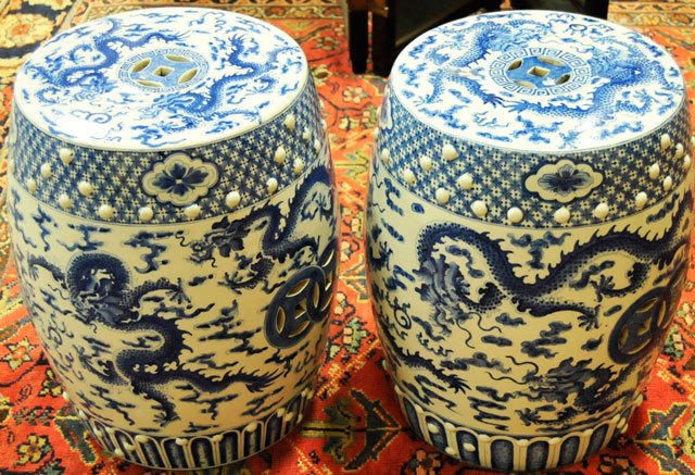 Pair Chinese porcelain blue & white garden seats: Qing style, depicting "Dragons". Approx. 18" H. Please read our terms of sale.