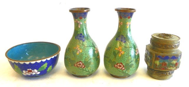 Group lot of cloisonne & champleve: Including: 1- Vase approx. 9.5" H. 1- Pair vases, approx. 5.5" H. 1- Bowl approx. 3" H. Please read our terms of sale.