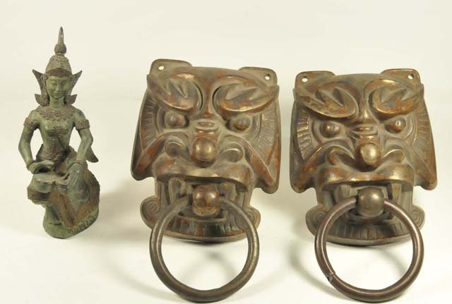 Group lot of bronze Asian smalls: 1- Pair antique bronze Chinese doorknockers. 1- Bronze Diety, approx. 7.5" H. Please read our terms of sale.