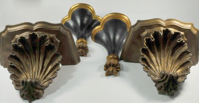 2 pair of decorative wall brackets: 1-9" H pair shell decorations. 1-10" H Regency style.
