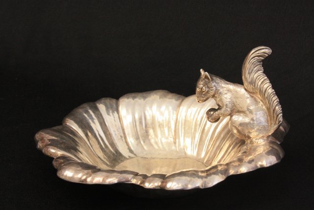 Silver plate bowl with "Squirrel": Approx. 9.5" W x 5" H.