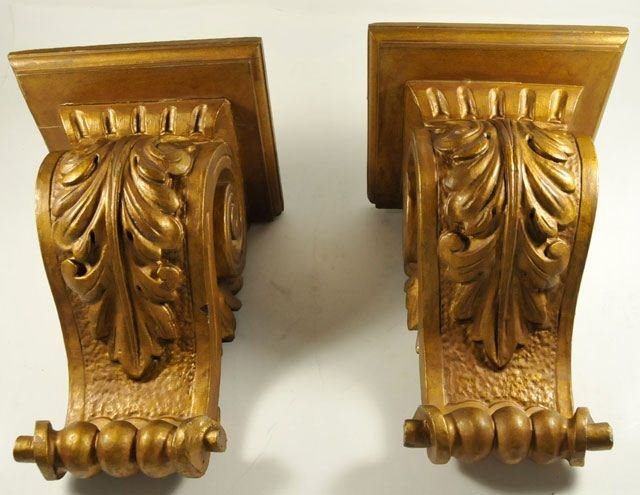 Pair antique carved wood brackets: With scroll design. Approx. 10" H
