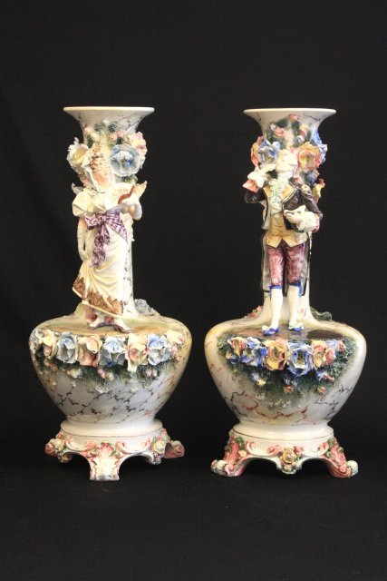 Pair 19th c. French Majolica figural urns: Depciting "Lady with Fan" & "Man Blowing Kiss", repairs. Approx. 24.5" H.