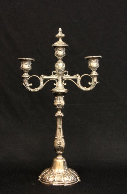 19th c. Continental silver plate 3 arm candelabra: Marked on bottom. Approx. 18.25" H x 10" W.