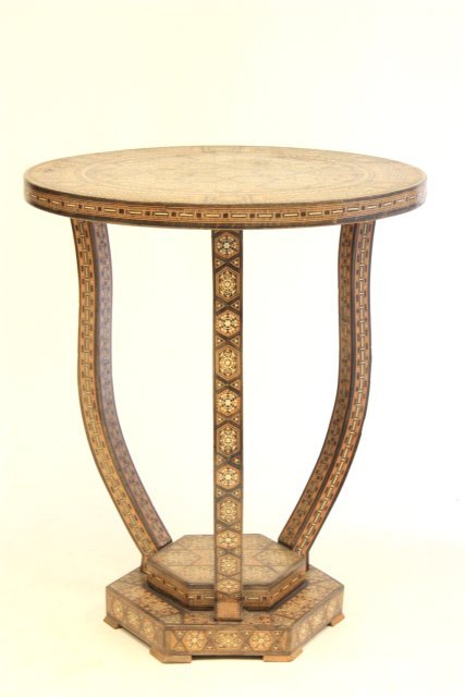 Syrian inlaid taboret table: Approx. 16.5" D x 20" H.
