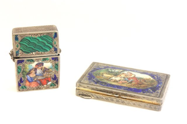 Enamel & 800 pill box & lighter box: Pill box depicting "Courting Scene", approx. 4 ozt,2" x 3". Lighter box depicting "Courting Scene", hinge broken, approx. 3 ozt, 2.5" x 1.5".
