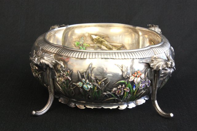 Japanese silver & enamel footed bowl