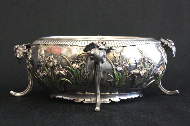 Japanese silver & enamel footed bowl - 5