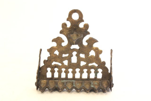 19th c. Judaica bronze menorah: Approx 7" x 6".