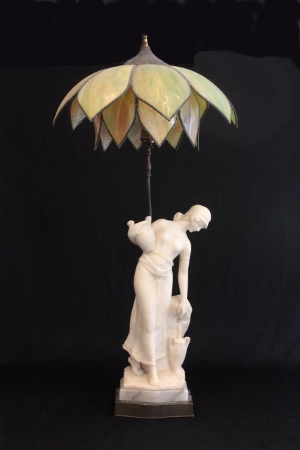 Alabaster figural lamp: "Water Bearer" figure, good condition. Approx. 18" H.