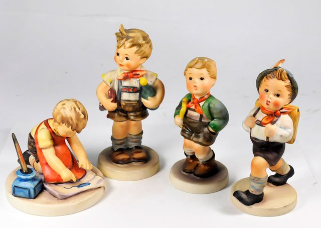 Group of 4 Hummels: Including: 1-#309, "With Loving Greetings". 1-#97 "Horn Player". 1-82/0 "School Boy". 1-#399 "Boy with Heart & Bottle".