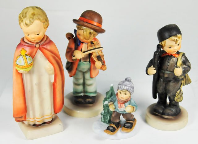 3 Hummels & 1 Goebel figure: Includes: 1-Goebel "Snow Boy". 1-"Violin Player". 1-"Prayer Boy". 1-121 Chimney Sweep".