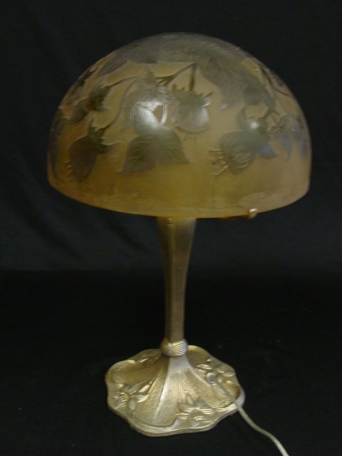 Antique style cameo glass lamp: With pewter finish metal base, shade with signature Galle. Approx. 19" H x 12" Diam.