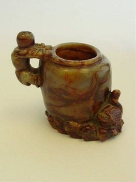 Soapstone brush pot: Approx. 4" x 3".